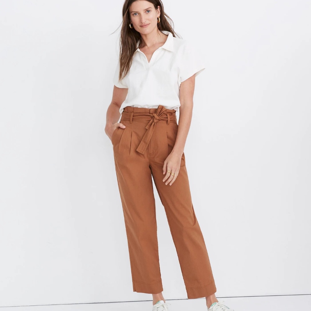 Madewell Women Herringbone Paperbag Pants Sz 26 Cotton Pleated Waist Tie Brown